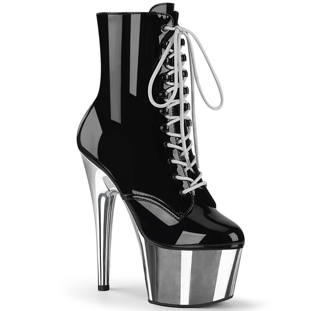 Pleaser Adore 1020 Platform Stiletto Boots - Black Patent Silver Chrome